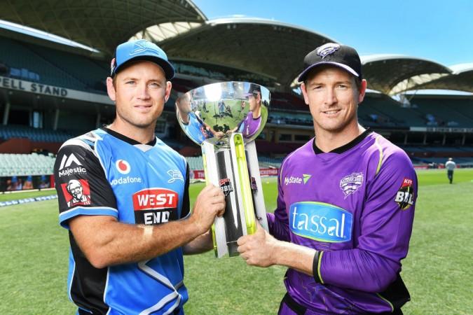 Colin Ingram captain of the Adelaide Strikers and George Bailey captain of the Hobart Hurricanes with BBL cup during the Big Bash League Final media opportunity at Adelaide Oval on February 3, 2018 in Adelaide Big Bash League final
