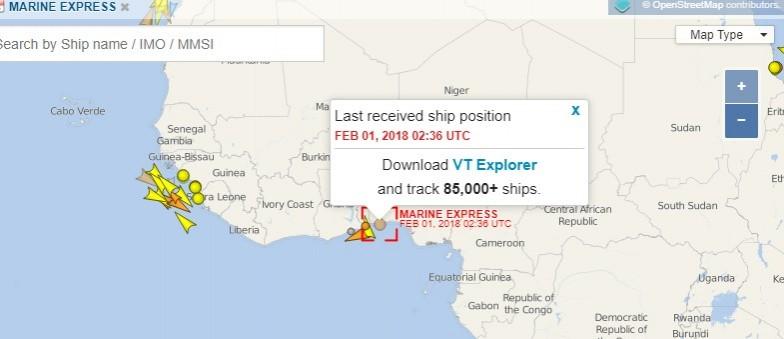 MT Marine Express was last tracked in Gulf of Guinea. MT Marine Express