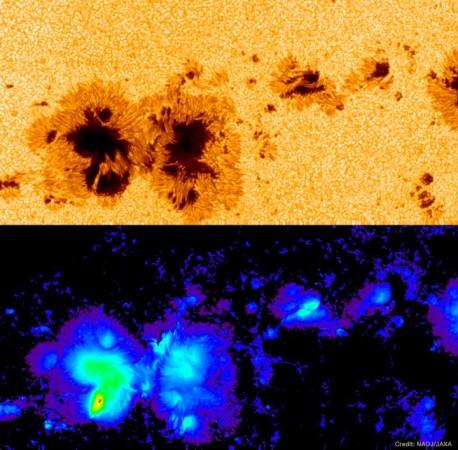 Visible light continuum image. (bottom) Magnetic field strength map. The color shows the field strength, from weak (cool colors) to strong (warm colors). Red indicates a location with a strength of more than 6,000 gauss. sunspot