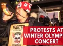 Protesters demonstrate outside North Korean orchestra performance at Winter Olympic Games in Pyeongchang