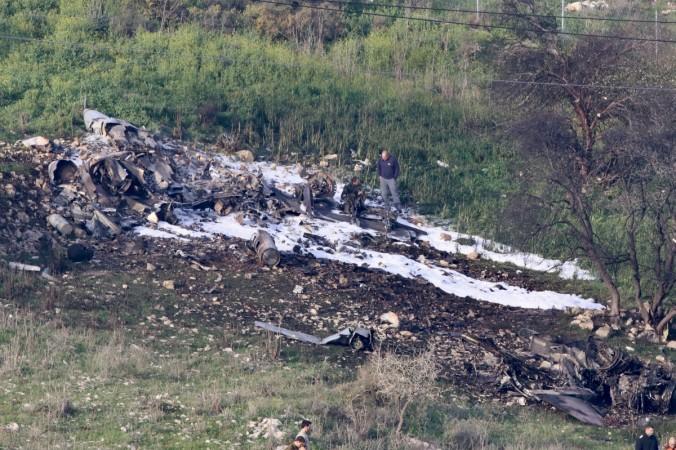 The remains of an F-16 Israeli war plane are seen near the Israeli village of Harduf, Israel February 10, 2018 F-16 Israeli war plane