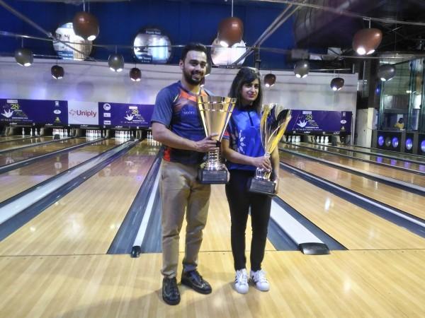 Newly-crowned national Tenpin Bowling champions Shabbir Dhankot (L) and Anukriti Bishnoi. National Tenpin Bowling Championships 2018