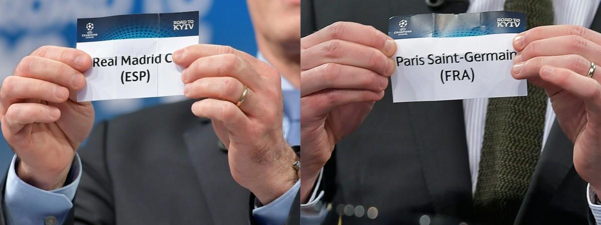 This combination of pictures created on December 11, 2017 shows the slips of Real Madrid (L) and Paris Saint-Germain during the draw for the round of 16 of the UEFA Champions League football tournament at the UEFA headquarters in Nyon champions league