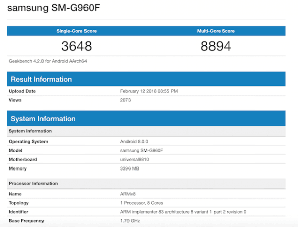 The Geekbench benchmark results for the Exynos 9810-powered Samsung Galaxy S9. Samsung Galaxy S9 benchmark