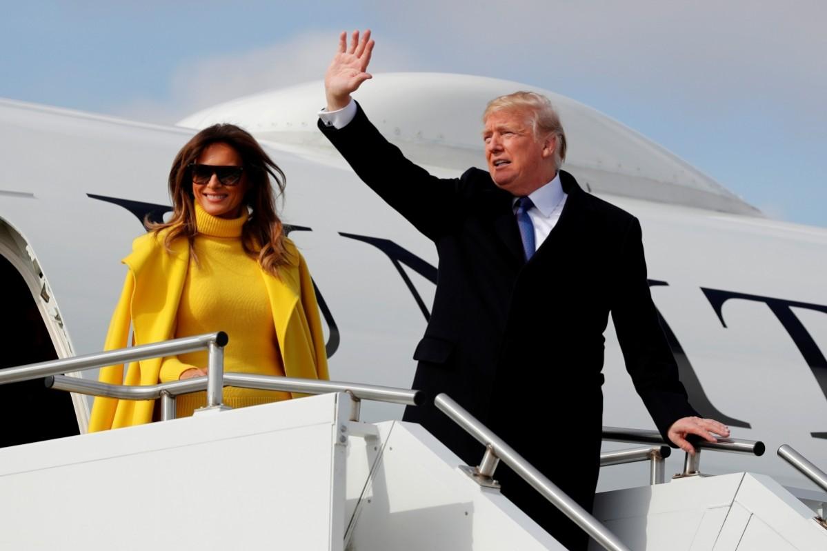 U.S. President Donald Trump and first lady Melania Trump arrive aboard Air Force One at Cincinnati Municipal Lunken Airport in Cincinnati, Ohio, U.S. February 5, 2018 trump