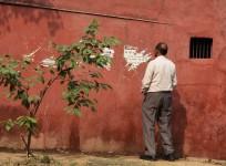 man urinates against a wall