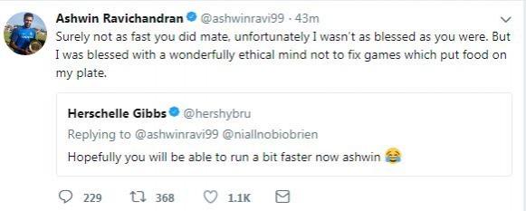 Screengrab of the Tweet before it was deleted. R Ashwin Tweet Gibbs