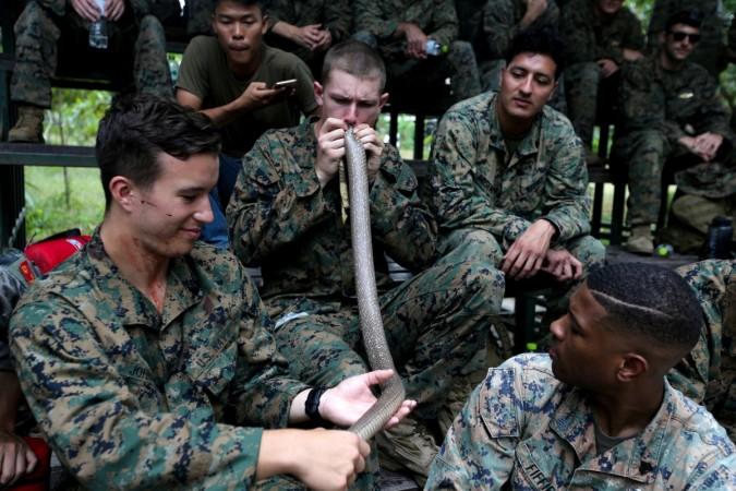 A U.S. Marine inflates a cobra skin after removing its entrails during a jungle survival exercise as part of the Us marines