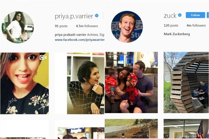 Priya Prakash Varrier, Mark Zuckerberg Instagram profiles Priya Prakash Varrier, Mark Zuckerberg Instagram profiles