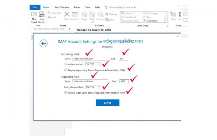 How to configure Outlook to work with an Indian language email account. How to configure Outlook to work with an Indian language email account