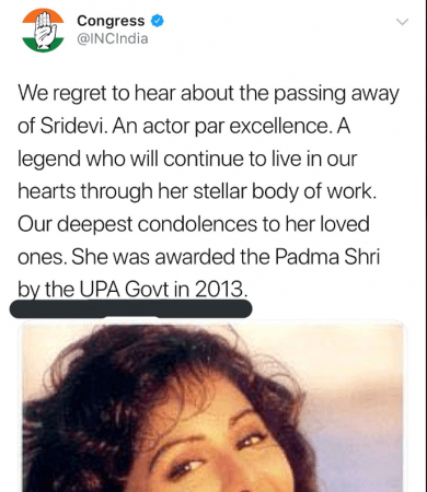 Screengrab from Twitter Congress tweets about Sridevi's death