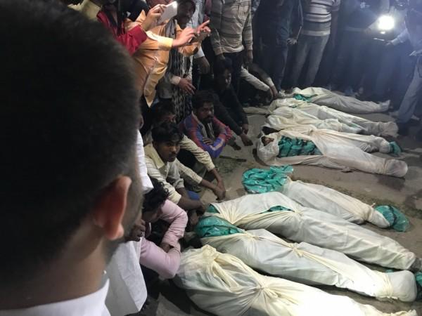 Bodies of those killed in an accident after a Mahindra Bolero that lost control and rammed into a government school building crushing 9 kids to death and injuring 24 at Ahiyapur in Muzaffarpur of Bihar on Feb 24, 2018. 9 children killed in bihar