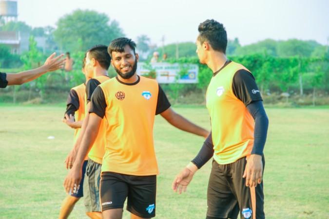 Minerva Punjab FC players train at their home stadium on Sunday -- the eve of their match against Aizawl
