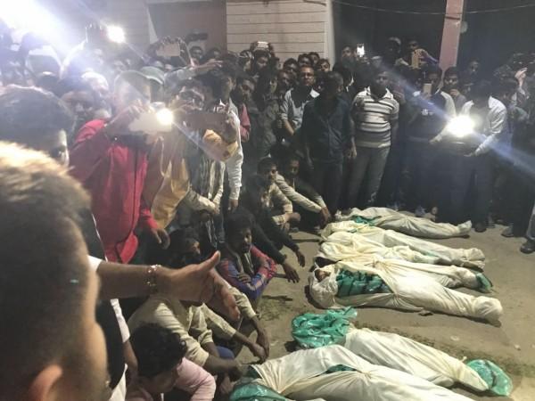 Bodies of those killed in an accident after a Mahindra Bolero that lost control and rammed into a government school building crushing 9 kids to death and injuring 24 at Ahiyapur in Muzaffarpur of Bihar on Feb 24, 2018 bihar bjp leader baitha