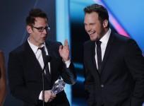 Director James Gunn (L) and star Chris Pratt accept the award for best action movie for Guardians of the Galaxy.