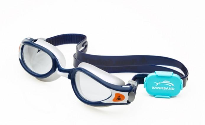 iSWIMBAND strapped to swimming goggles iSWIMBAND strapped to swimming goggles