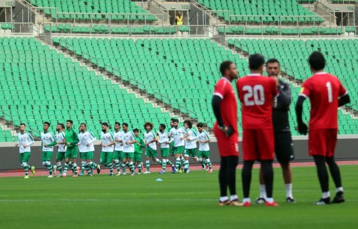 Iraqi national football team players take part in a training session on February 27, 2018, in the city of Basra a day ahead of their friendly match against Saudi Arabia Iraqi national football team players take part in a training session on February 27, 2018 in the city of Basra a day ahead of their friendly match against Saudi Arabia