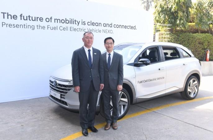 Chung Eui-sun, Vice Chairman, Hyundai Motor Company with S H Kim, Vice President, Namyang R&D Centre, showcasing Nexo at Delhi. Hyundai Nexo