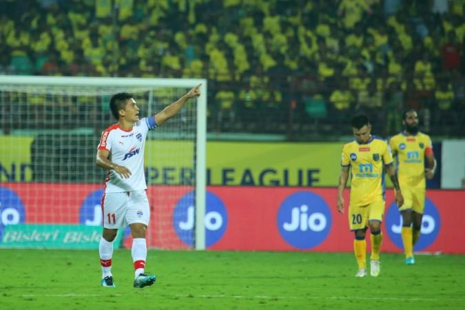 Bengaluru FC star Sunil Chhetri during their first leg match against Kerala Blasters in Kochi Bengaluru FC star Sunil Chhetri during their first leg match against Kerala Blasters in Kochi