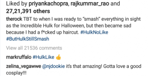 Mark Raffulo's comment on Dwayne Johnson's Hulk picture. Mark Ruffalo