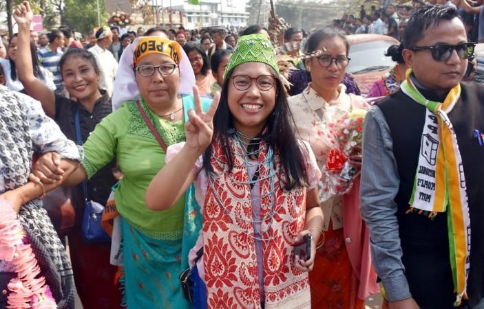 Agatha Sangma, NPP candidate from South Tura seat and daughter of Former Meghalaya Chief Minister P. A. Sangma, shows victory sign after workers celebrate the party's performance in the recently concluded Meghalaya assembly elections, in Meghalaya's Tura on March 3, 2018. Agatha Sangma, NPP candidate from South Tura seat and daughter of Former Meghalaya Chief Minister P. A. Sangma, shows victory sign after workers celebrate the party's performance in the recently concluded Meghalaya assembly elections, in Meghalaya's Tura