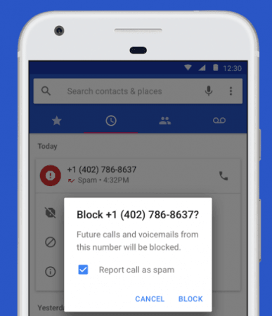 Google's current call blocking feature in its dialer app on Google Pixel Google call block