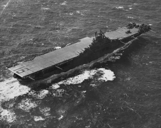 A birds-eye view of the flight deck of American aircraft carrier USS Lexington USS Lexington, a US aircraft carrier