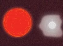 Artist impression depicting winds from a red giant star impacting a neutron star to create prolonged X-ray emission