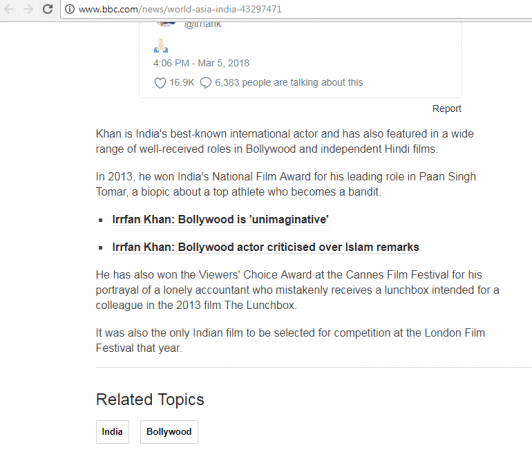 BBC reports about Irrfan Khan's health. Irrfan Khan