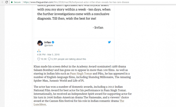 The Guardian reports about Irrfan Khan's health. Irrfan Khan
