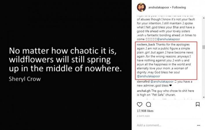 A user replies to Anshula Kapoor on her post Anshula Kapoor