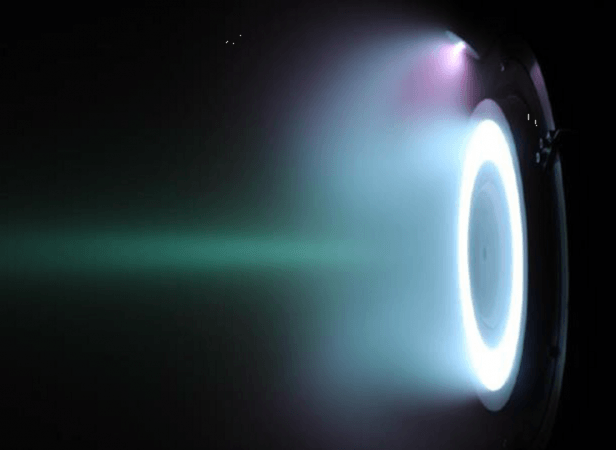 The air-breathing thruster was initially run with standard xenon propellant, causing a bluish plume, which was then progressively replaced with a mixture of nitrogen and oxygen to represent Earth's atmosphere. Success was marked by the thruster plume changing to purple. ABET engine