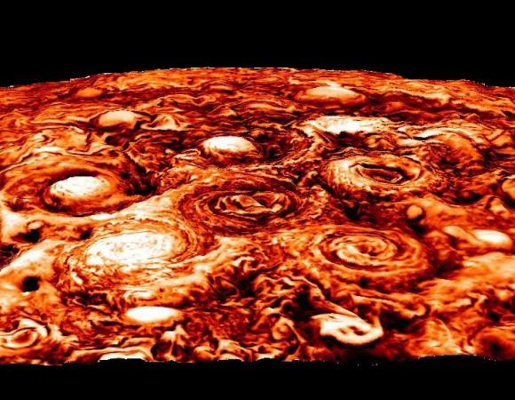This computer-generated image shows the structure of the cyclonic pattern observed over Jupiter's south pole Jupiter South Pole