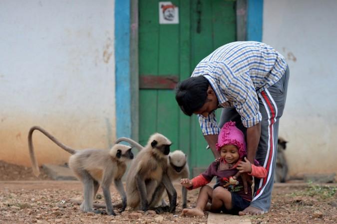Indian resident Mallikarjuna Redder Reddy carries his nephew Samarth Bangari. monkey