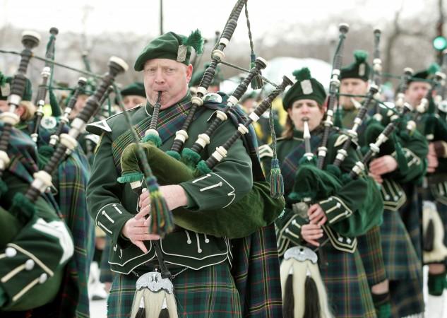Bagpipe members of the Shannon Rovers Pipe Band are seen in the St. Patrick's Day parade March 12, 2005 in Chicago, Illinois St. Patrick's Day
