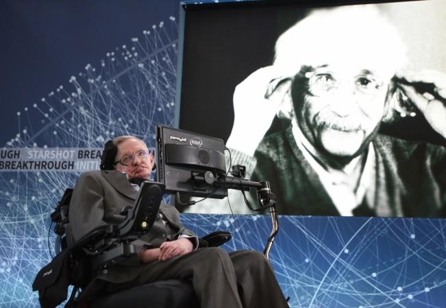 Stephen Hawking, CH, CBE, FRS, Dennis Stanton Avery and Sally Tsui Wong-Avery Director of Research, University of Cambridge as he and Yuri Milner host press conference to announce Breakthrough Starshot, a new space exploration initiative, at One World Observatory on April 12, 2016 in New York City. Stephen Hawking
