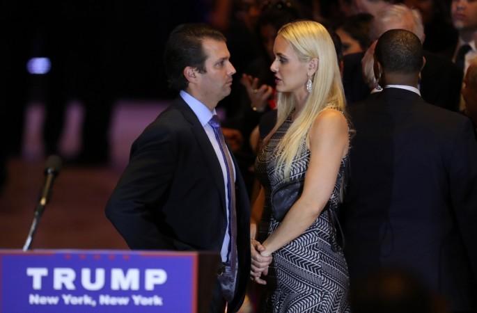 Donald Trump Jr,, son of Republican U.S. presidential candidate Donald Trump, talks to his wife Vanessa as they await the arrival of the candidate at DonaldTrump's New York presidential primary night rally in Manhattan, New York, U.S., April 19, 2016. Donald Trump Jr,, son of Republican U.S. presidential candidate Donald Trump, talks to his wife Vanessa as they await the arrival of the candidate at DonaldTrump's New York presidential primary night rally in Manhattan, New York, U.S., April 19, 2016.