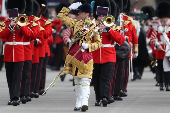 The 1st Battalion Irish Guardsmen band march during the annual Irish Guards' St Patrick's Day Parade at Household Cavalry Barracks on March 17, 2017, in London, England. The 1st Battalion Irish Guardsmen band march during the annual Irish Guards' St Patrick's Day Parade at Household Cavalry Barracks on March 17, 2017 in London, England.