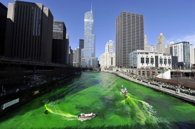 Members of the plumbers' union dye the Chicago River green for St. Patrick's Day on March 17, 2012 in Chicago, Illinois. The River was first dyed green in 1962 and has become a St. Patrick's Day tradition in Chicago. Members of the plumbers' union dye the Chicago River green for St. Patrick's Day on March 17, 2012 in Chicago, Illinois. The River was first dyed green in 1962 and has become a St. Patrick's Day tradition in Chicago.