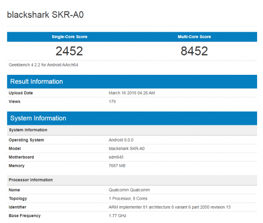 Xiaomi Blackshark SKR-A0 GeekBench listing (screenshot) Xiaomi Blackshark SKR-A0 Geekbench