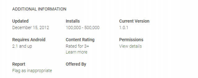 Screenshot of an old on Play Store app that was last updated on December 15, 2012. Android P won't support such apps. Old app on Play Store