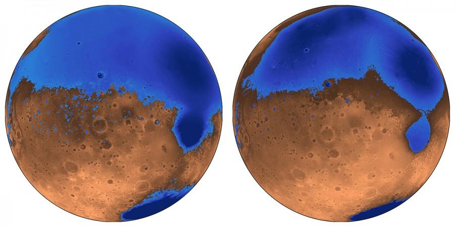 The early ocean known as Arabia (left, blue) would have looked like this when it formed 4 billion years ago on Mars, while the Deuteronilus ocean, about 3.6 billion years old, had a smaller shoreline. Both coexisted with the massive volcanic province Tharsis, located on the unseen side of the planet, which may have helped support the existence of liquid water. Martian oceans