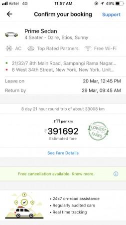 Bengaluru to New York, USA in Ola cab Bengaluru to New York, USA