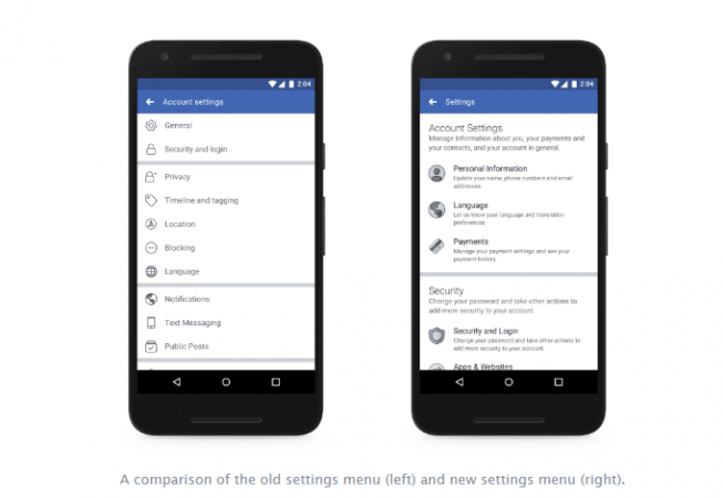 Facebook's new user privacy settings interface compared to old version on Android phone Facebook, user privacy settings, accessibility
