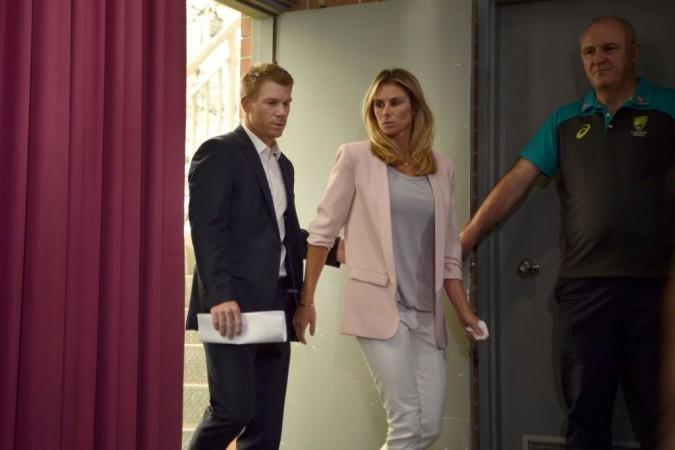 Warner arrived at the Sydney press conference Saturday, March 31 with wife Candice. David Warner and wife Candice