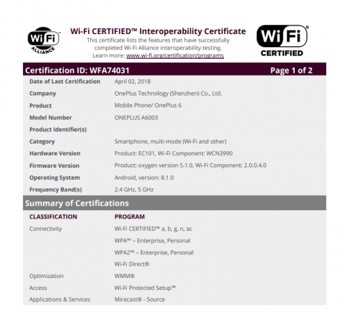 OnePlus 6 is confirmed to come with Android Oreo software OnePlus 6, Wi-Fi Alliance, Certifications