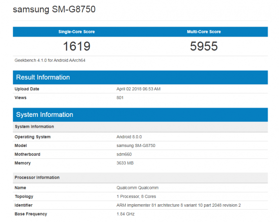 Samsung SM-G8750 Geekbench listing Samsung SM-G8759 (Galaxy S9 Mini) Geekbench