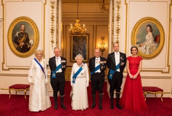 Britain's Queen Elizabeth II (3L) stands with her husband Britain's Prince Philip, Duke of Edinburgh (3R), her son Britain's Prince Charles, Prince of Wales (2L) and his wife Britain's Camilla, Duchess of Cornwall (L), and her grandson Britain's Prince William, Duke of Cambridge (2R) and his wife Britain's Catherine, Duchess of Cambridge BRITAIN-ROYALS