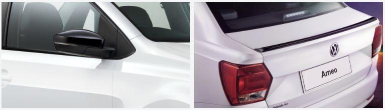 Volkswagen Ameo Pace gets glossy black ORVM caps and trunk lid spoiler. Volkswagen Ameo Pace