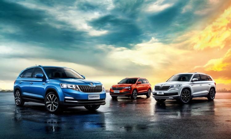 Skoda Kamiq (blue), Karoq (Orange) and Kodiaq (White) Skoda SUVs